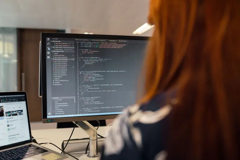 Software developer reviewing code on a large monitor